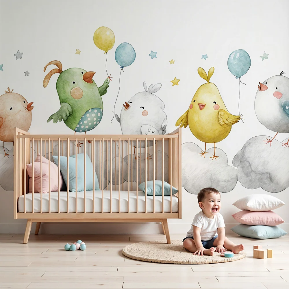 Papier peint oiseaux enfantins | Décoration de chambre ludique