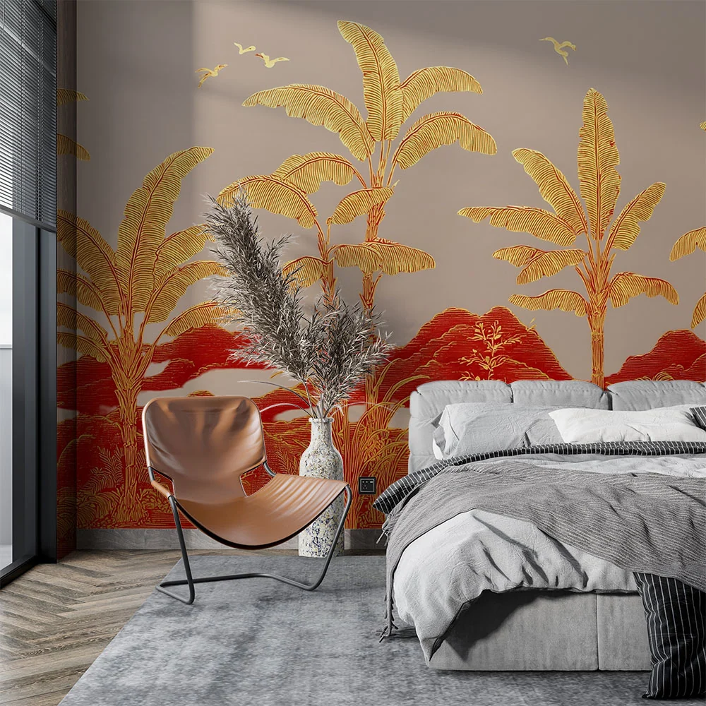 Papier peint palmier tropical | Paysage exotique doré