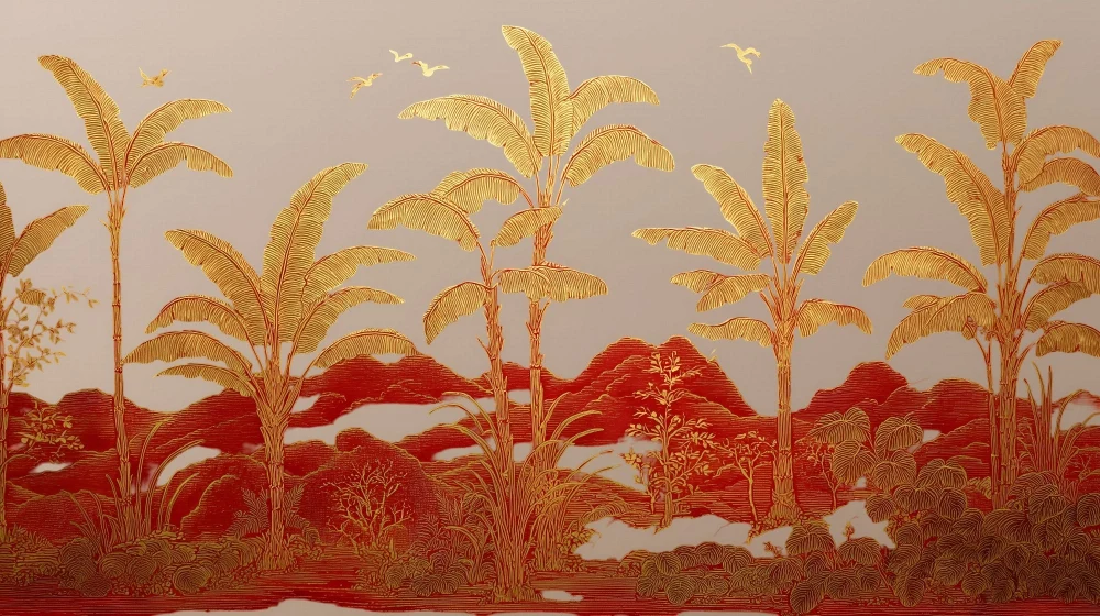 Papier peint palmier tropical | Paysage exotique doré
