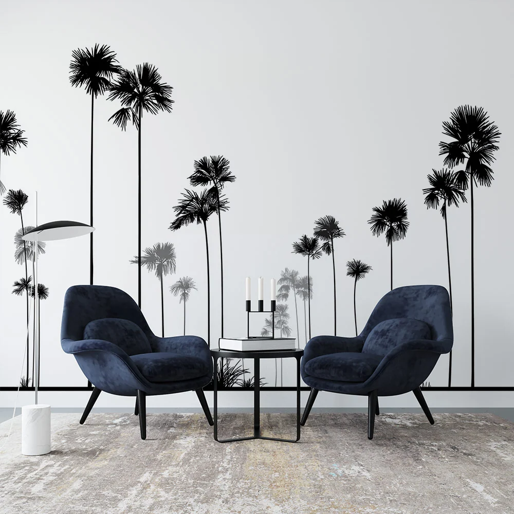 Papier peint palmiers noir et blanc | Silhouettes de palmiers élégamment disposées sur fond blanc