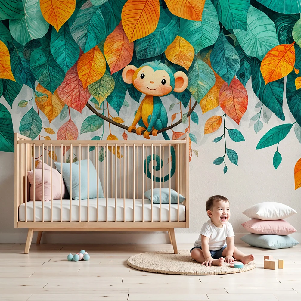 Papier peint singe | Décoration murale enfantine colorée