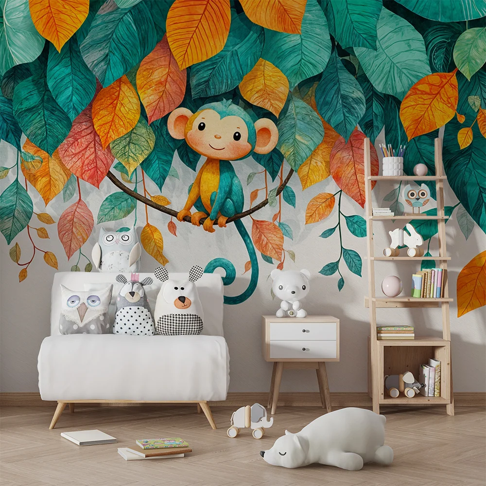 Papier peint singe | Décoration murale enfantine colorée