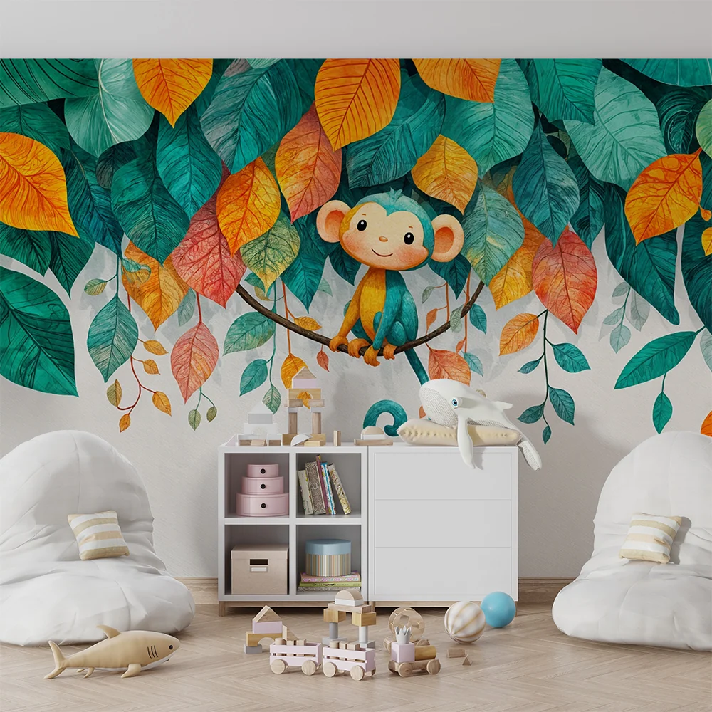 Papier peint singe | Décoration murale enfantine colorée