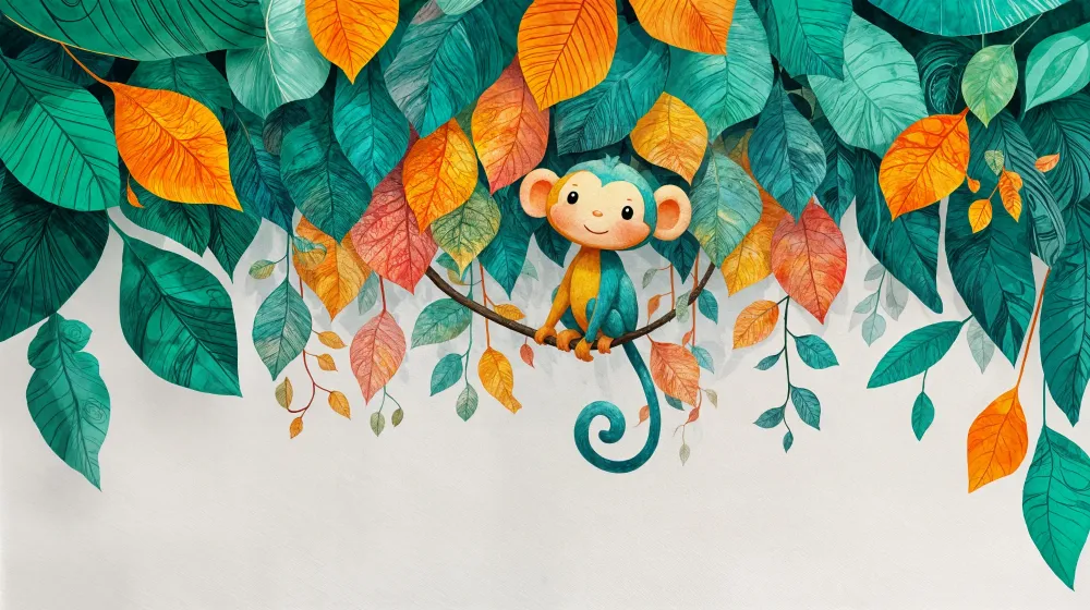 Papier peint singe | Décoration murale enfantine colorée