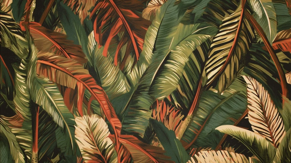 Papier peint tropical | Feuillage luxuriant vert et rouge