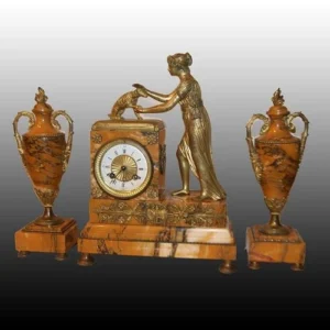 Pendule ancienne trio avec vases en marbre jaune de Sienne Empire 1800 bronze