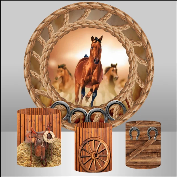 Personnalisez le cercle d'anniversaire de cheval, toile de fond ronde, mur de briques, arrière-plan de fête de cheval, déc...
