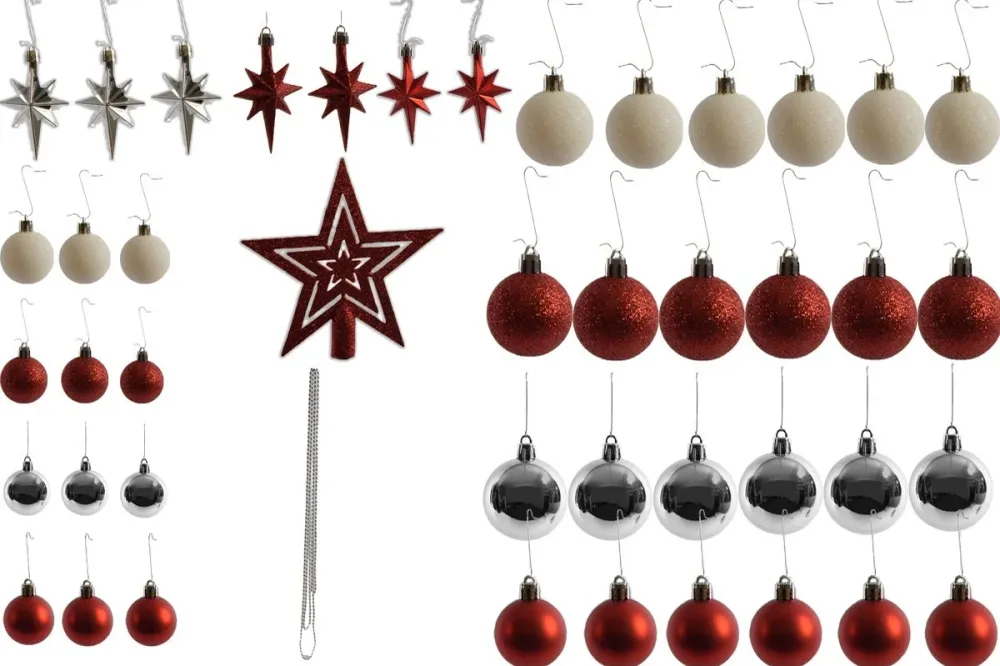 Petites boules de Noël avec 50 crochets pour boules de Noël 3-4cm 44 pièces | décoration avec une pointe rouge argentée av...