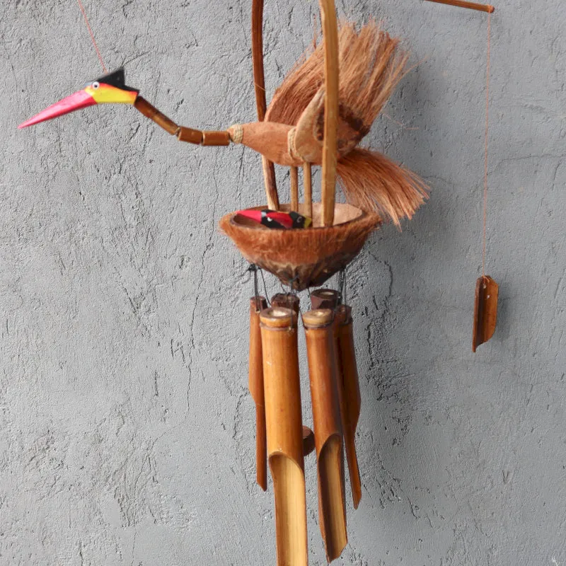Carillon à Vent en Bambou Naturel (6 tubes) - Mère & Poussins - 39 x 13 x 105 cm/ 0,4 kg Phoenix