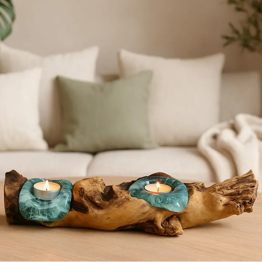 Photophore en verre et bois – Décoration de table