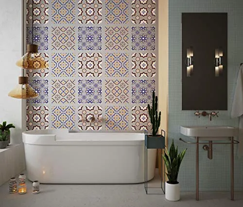 Planche de 4 Adhésif Carrelage - décoration de carreaux - 8 pièces plastifié en mat - mosaïque nuances de fleurs bleu et j...