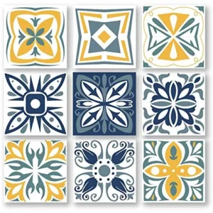 Planche de 9 Adhésif Carrelage - décoration de carreaux - 63 pièces plastifié en mat - mosaïque nuances de jaune et blanc...
