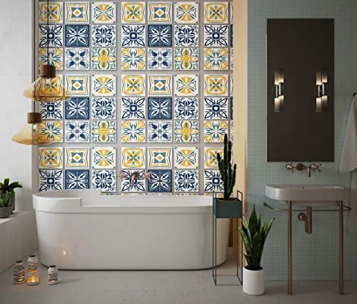 Planche de 9 Adhésif Carrelage - décoration de carreaux - 36 pièces plastifié en mat - mosaïque nuances de jaune et blanc...