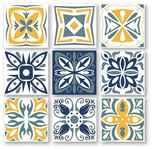 Planche de 9 Adhésif Carrelage - décoration de carreaux - 36 pièces plastifié en mat - mosaïque nuances de jaune et blanc...