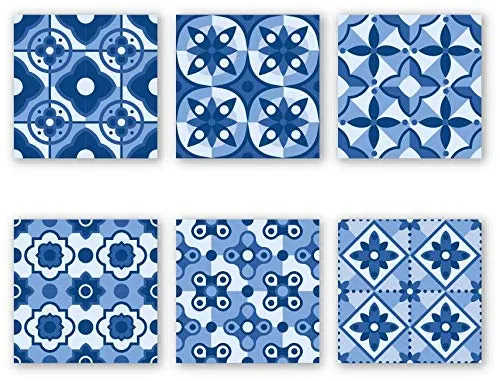 Planche de 6 Adhésif Carrelage - décoration de carreaux - 36 pièces plastifié en mat - mosaïque nuances de fleurs bleu - f...