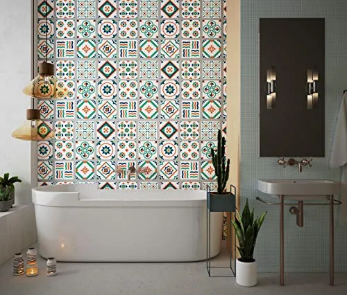 Planche de 9 Adhésif Carrelage - décoration de carreaux - 36 pièces plastifié en mat - mosaïque nuances de vert et blanc -...