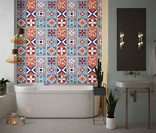 Planche de 9 Adhésif Carrelage - décoration de carreaux - 63 pièces plastifié en mat - mosaïque nuances de bleu et orange...