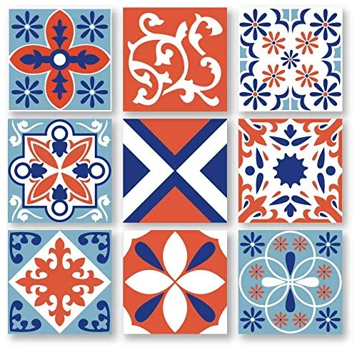 Planche de 9 Adhésif Carrelage - décoration de carreaux - 63 pièces plastifié en mat - mosaïque nuances de bleu et orange...