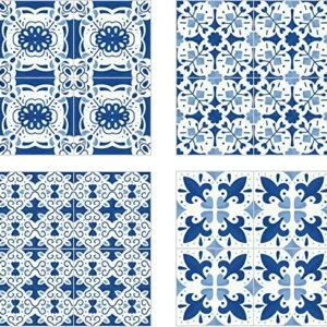 Planche de 4 Adhésif Carrelage - décoration de carreaux - 60 pièces plastifié en mat - mosaïque style porcelaine bleu - fo...