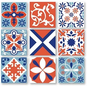 Planche de 9 Adhésif Carrelage - décoration de carreaux - 27 pièces plastifié en mat - mosaïque nuances de bleu et orange-...