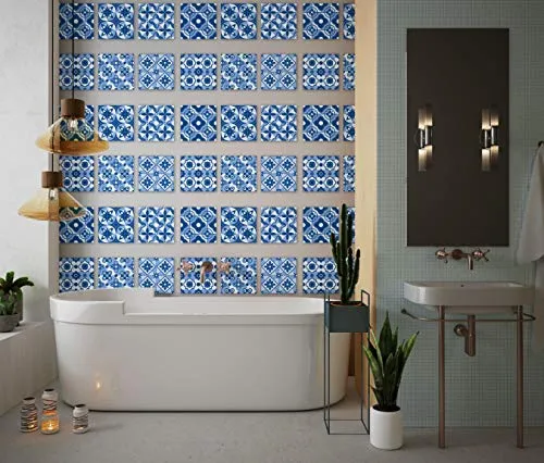 Planche de 6 Adhésif Carrelage - décoration de carreaux - 66 pièces plastifié en mat - mosaïque nuances de fleurs bleu - f...