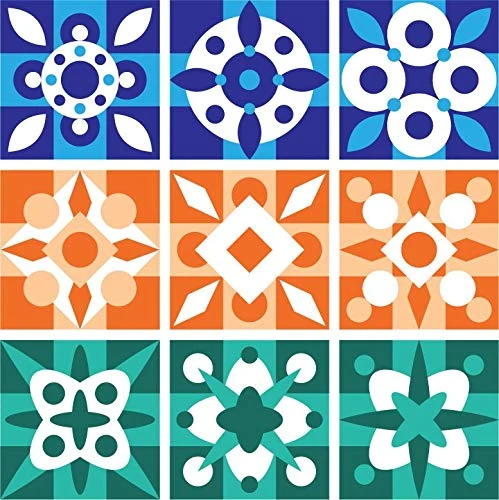 Planche de 9 Adhésif Carrelage - décoration de carreaux - 9 pièces plastifié en mat - mosaïque bleu orange et vert - forma...