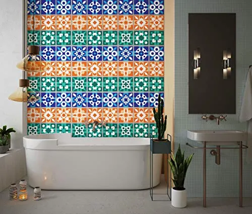 Planche de 9 Adhésif Carrelage - décoration de carreaux - 9 pièces plastifié en mat - mosaïque bleu orange et vert - forma...