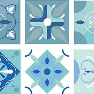 Planche de 6 Adhésif Carrelage - décoration de carreaux - 66 pièces plastifié en mat - mosaïque nuances de bleu et turquoi...