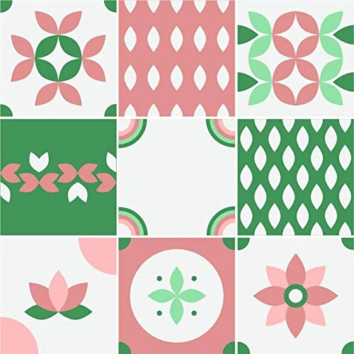 Planche de 9 Adhésif Carrelage - décoration de carreaux - 36 pièces plastifié en mat - mosaïque rose et vert - format 25x2...