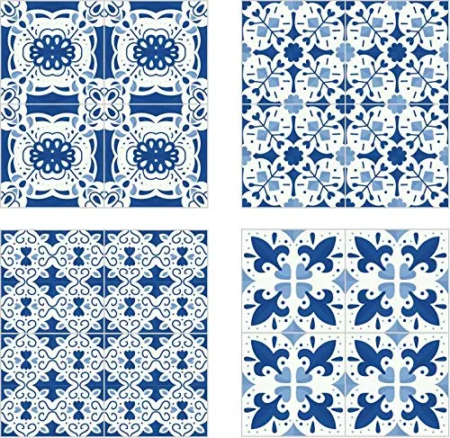 Planche de 4 Adhésif Carrelage - décoration de carreaux - 4 pièces plastifié en mat - mosaïque style porcelaine bleu - for...