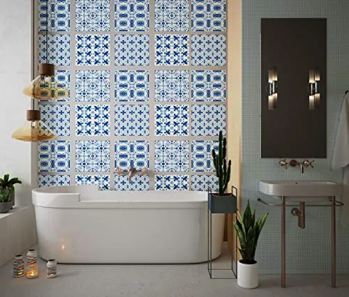 Planche de 4 Adhésif Carrelage - décoration de carreaux - 4 pièces plastifié en mat - mosaïque style porcelaine bleu - for...