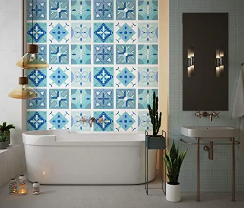 Planche de 6 Adhésif Carrelage - décoration de carreaux - 30 pièces plastifié en mat - mosaïque nuances de bleu et turquoi...