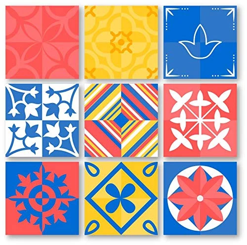 Planche de 9 Adhésif Carrelage - décoration de carreaux - 63 pièces plastifié en mat - mosaïque bleu rose et jaune - forma...