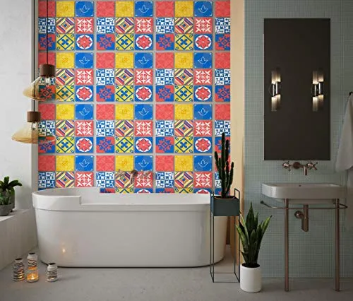 Planche de 9 Adhésif Carrelage - décoration de carreaux - 63 pièces plastifié en mat - mosaïque bleu rose et jaune - forma...