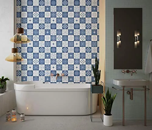 Planche de 16 Adhésif Carrelage - décoration de carreaux - 32 pièces plastifié en mat - mosaïque moderne bleu - format 30x...