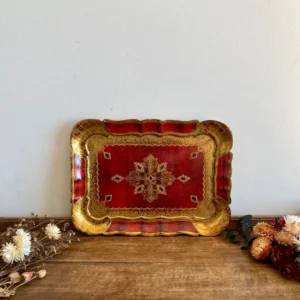 Plateau florentin rectangulaire rouge et or