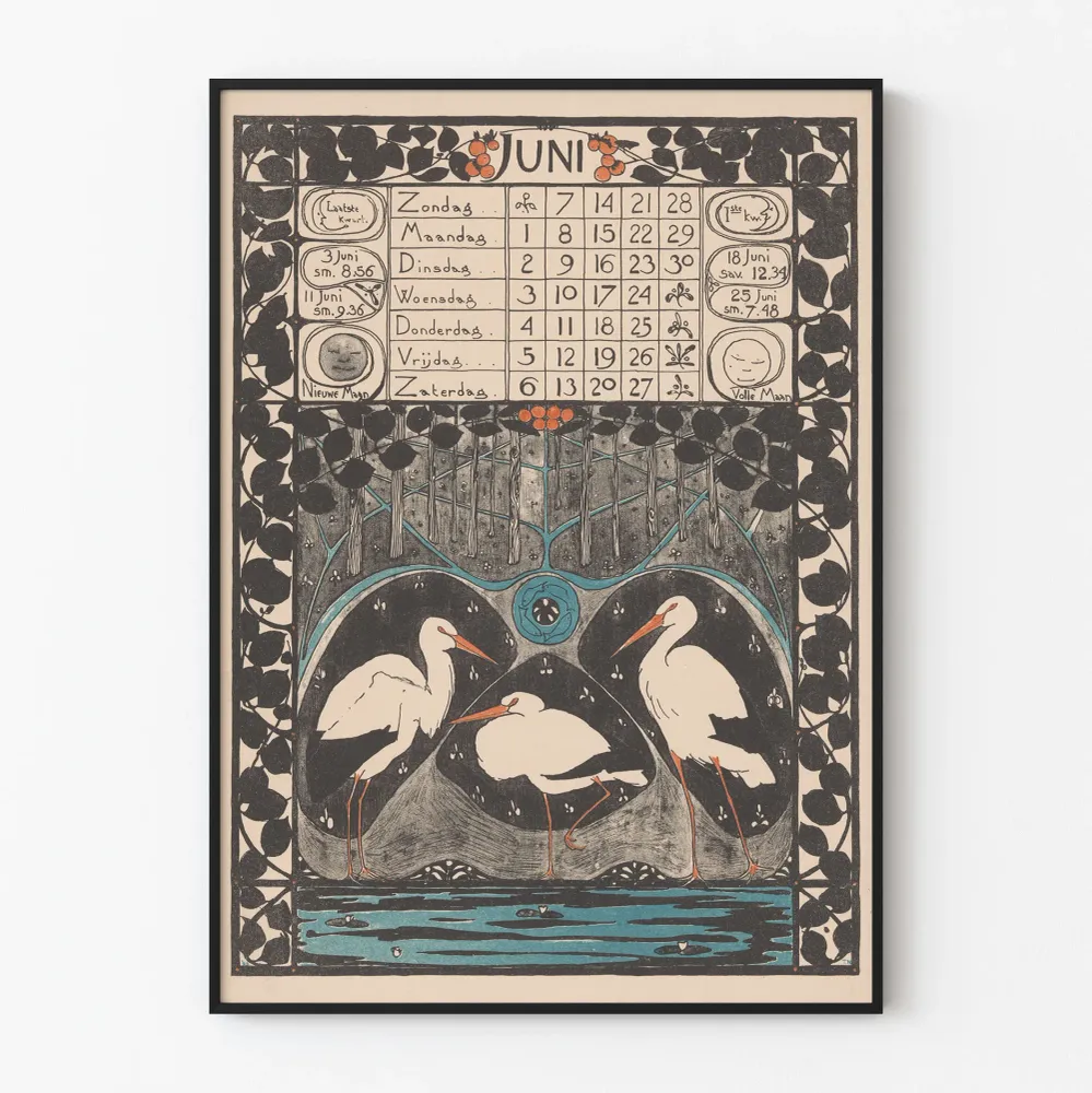 Poster calendrier vintage juin 1896 avec hérons et motifs floraux