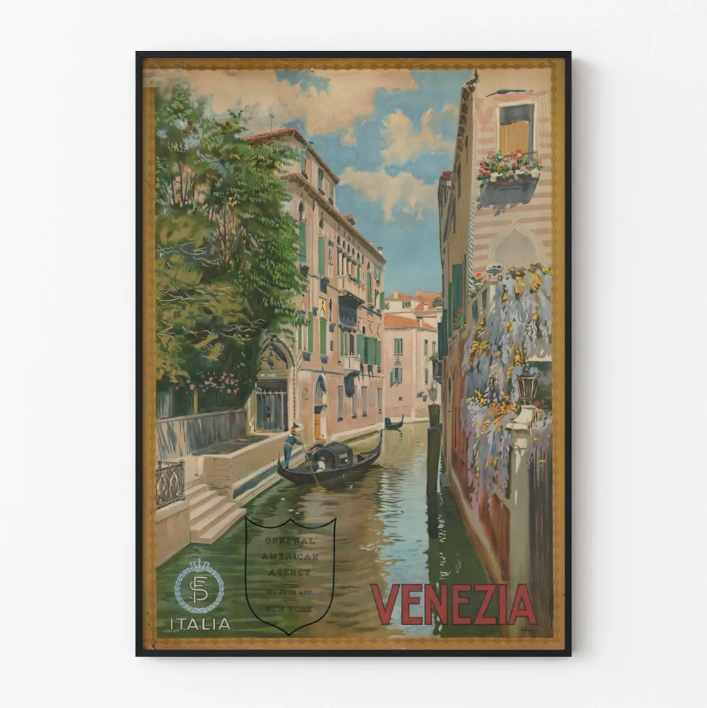 Poster Vintage Canal de Venise avec Gondole pour Décoration Murale