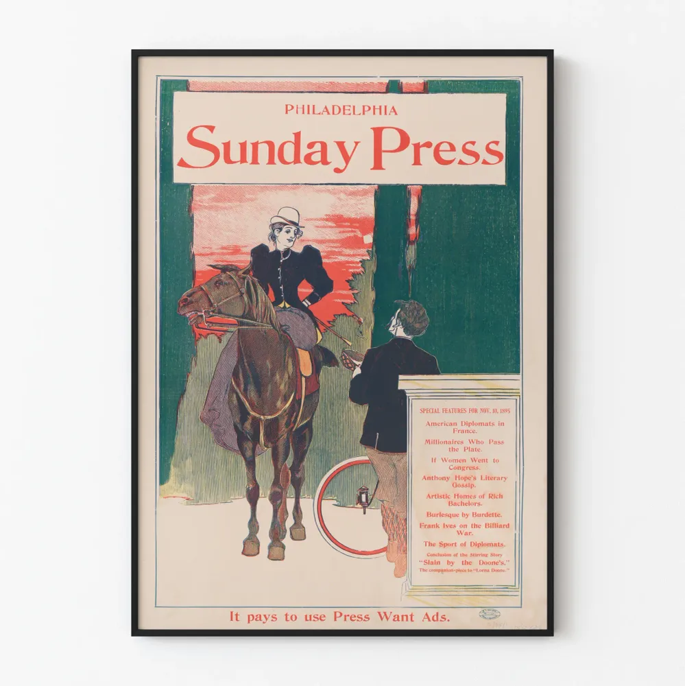 Poster vintage Philadelphia Sunday Press 1895 pour décoration murale