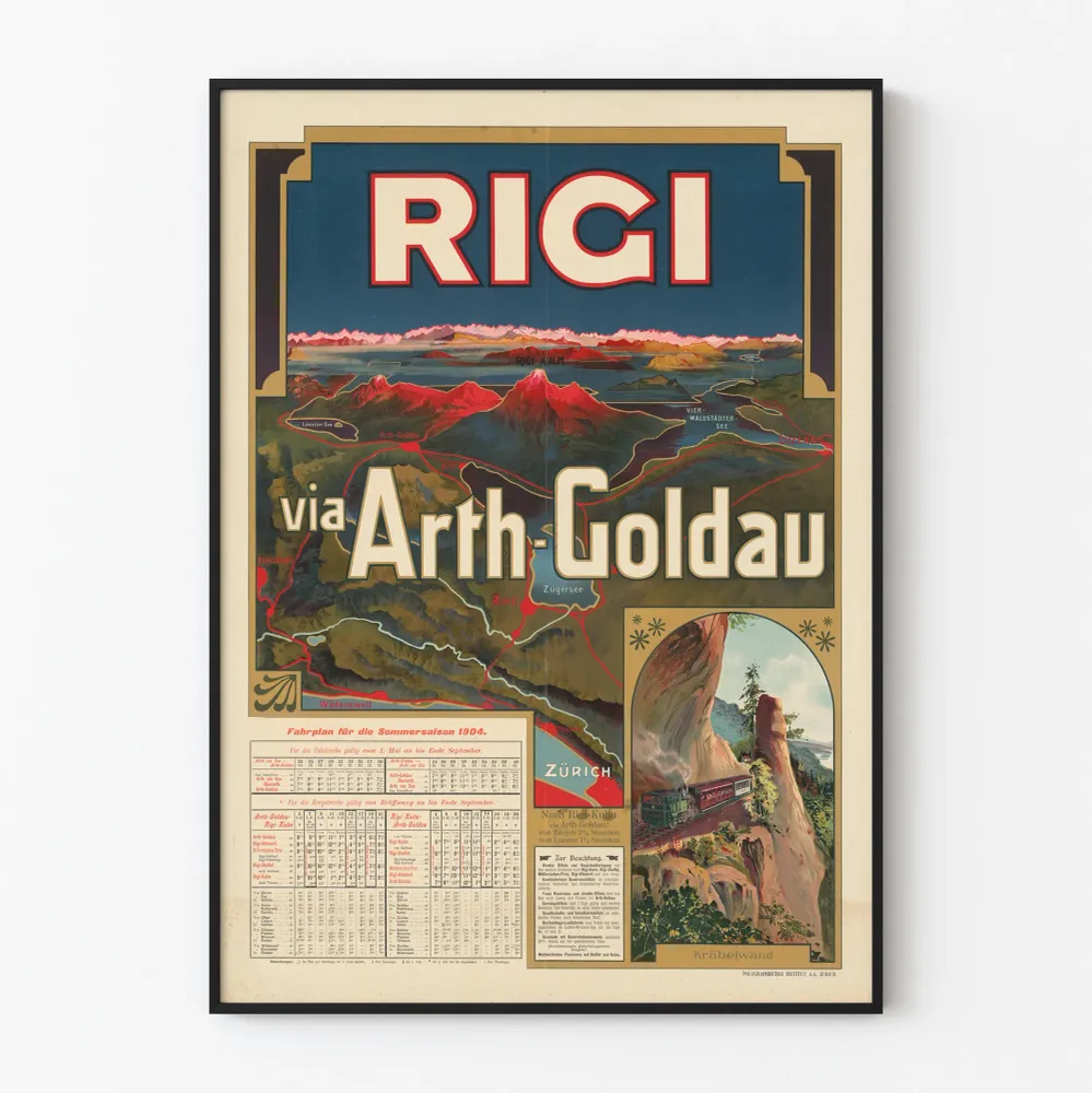Poster Vintage Rigi via Arth-Goldau – Carte et Timetable 1904