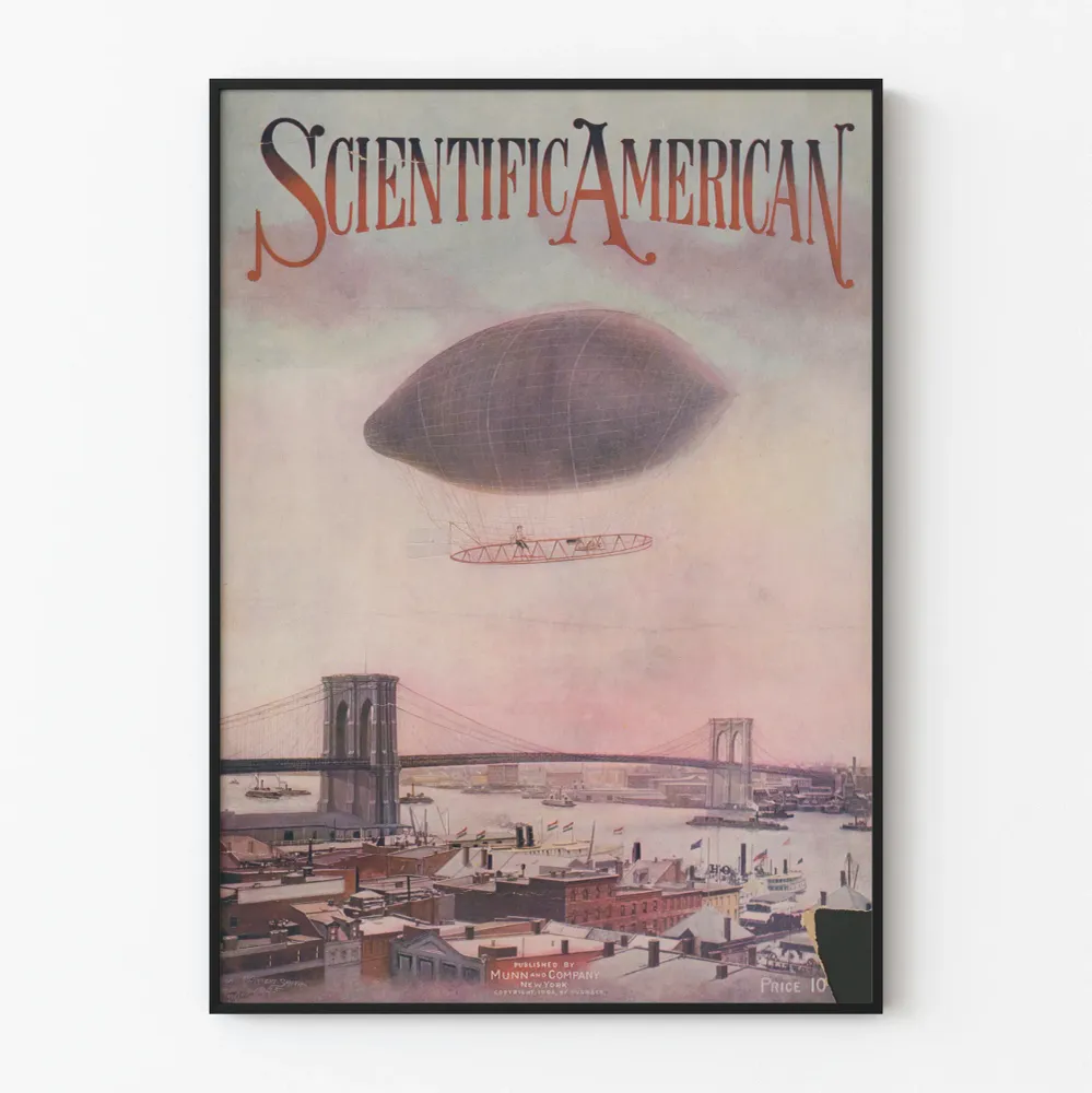 Poster Vintage Scientific American avec Mongolfière survolant le Brooklyn Bridge
