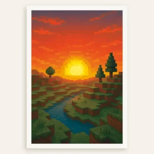 Minecraft Sunset – poster fan en pixel art avec rivière et arbres Posterscape Creative Studio