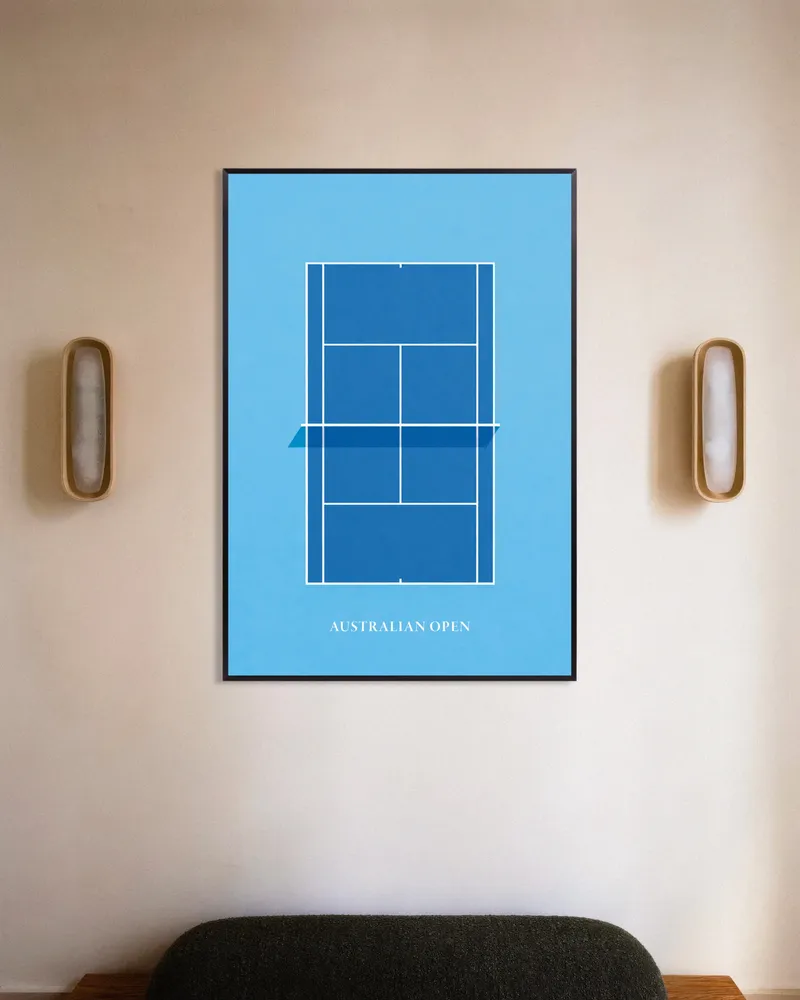 Poster tennis Open d'Australie – Affiche déco murale minimaliste du court bleu Posterscape Creative Studio