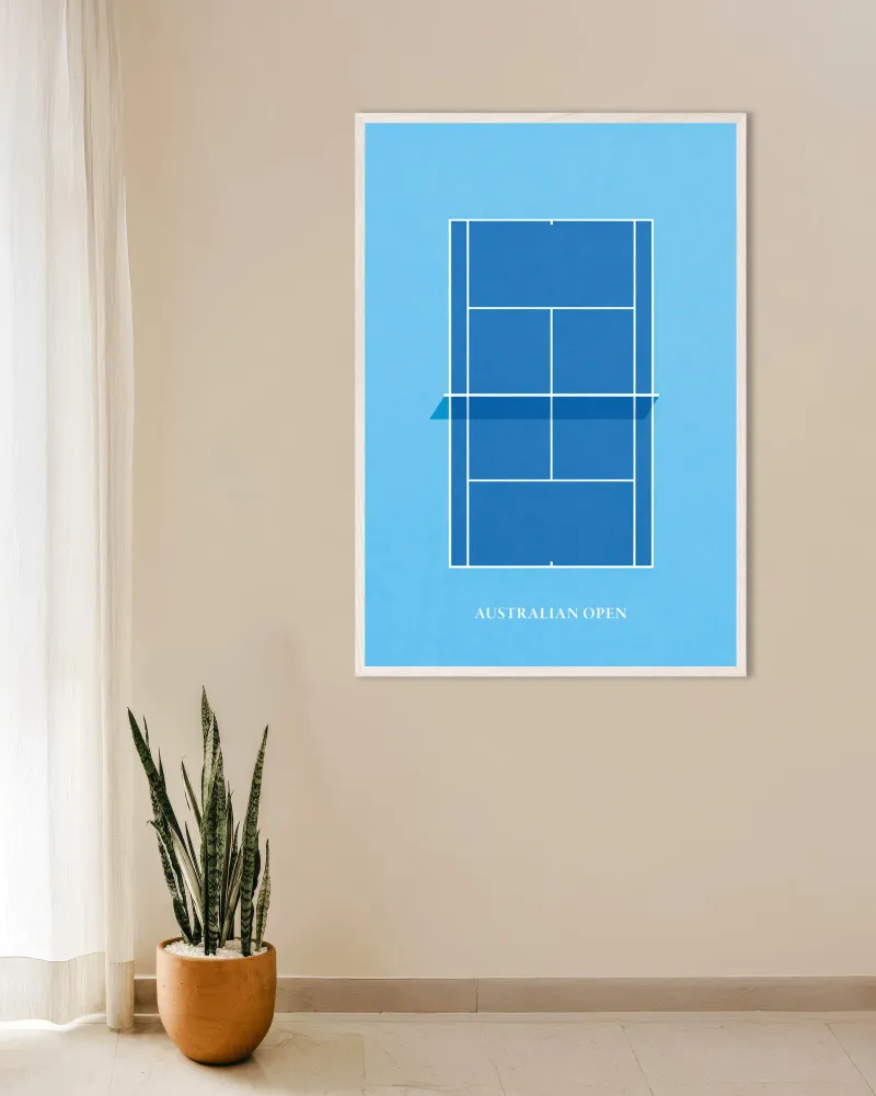 Poster tennis Open d'Australie – Affiche déco murale minimaliste du court bleu Posterscape Creative Studio