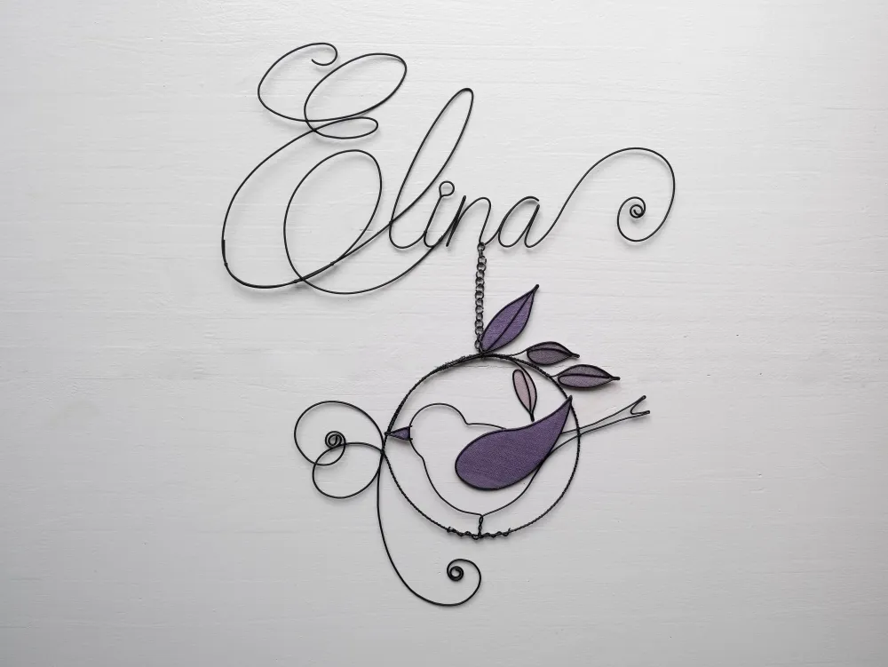 Prénom personnalisable fil de fer, oiseau fil de fer, décoration murale chambre enfant, plaque de porte, cadeau de naissance