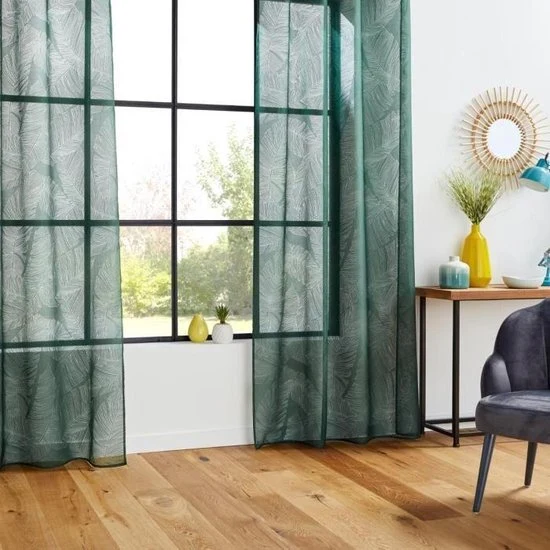 Rideau translucide motif feuilles Devo - 140 x 240 cm - Vert cèdre