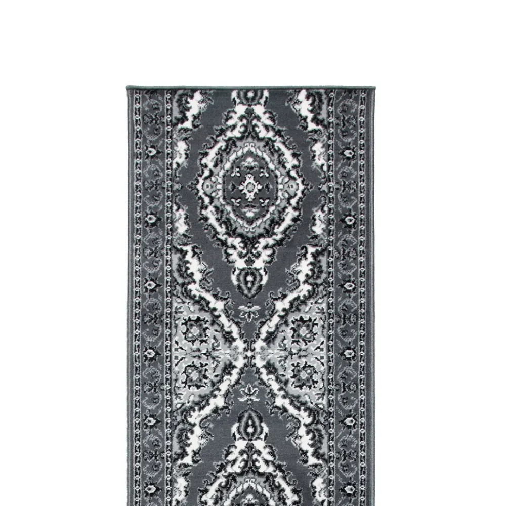 Tapis d'escalier résistant pour cuisine - Médaillon traditionnel gris Texas Rug Masters