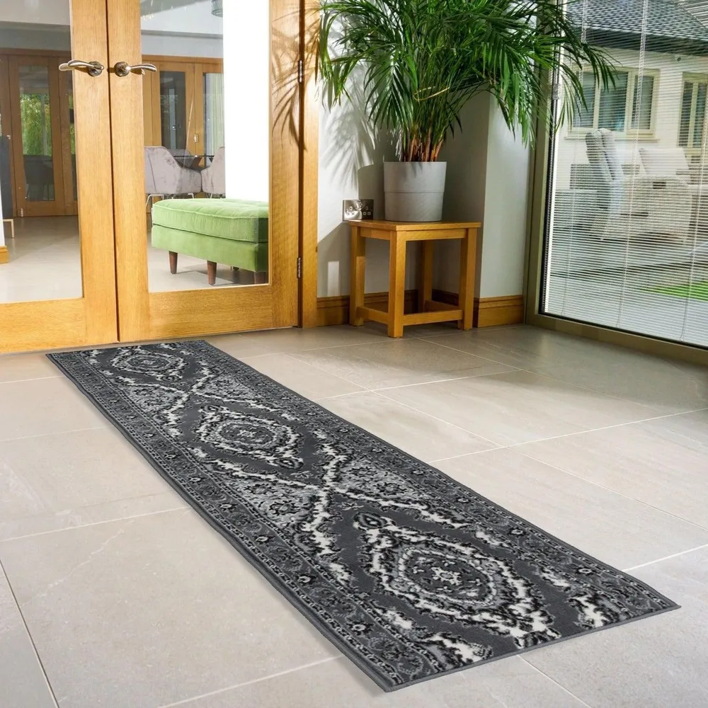 Tapis d'escalier résistant pour cuisine - Médaillon traditionnel gris Texas Rug Masters