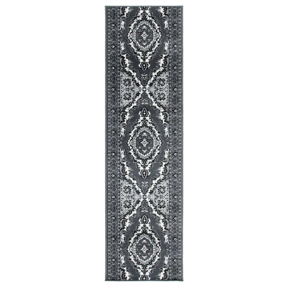 Tapis d'escalier résistant pour cuisine - Médaillon traditionnel gris Texas Rug Masters