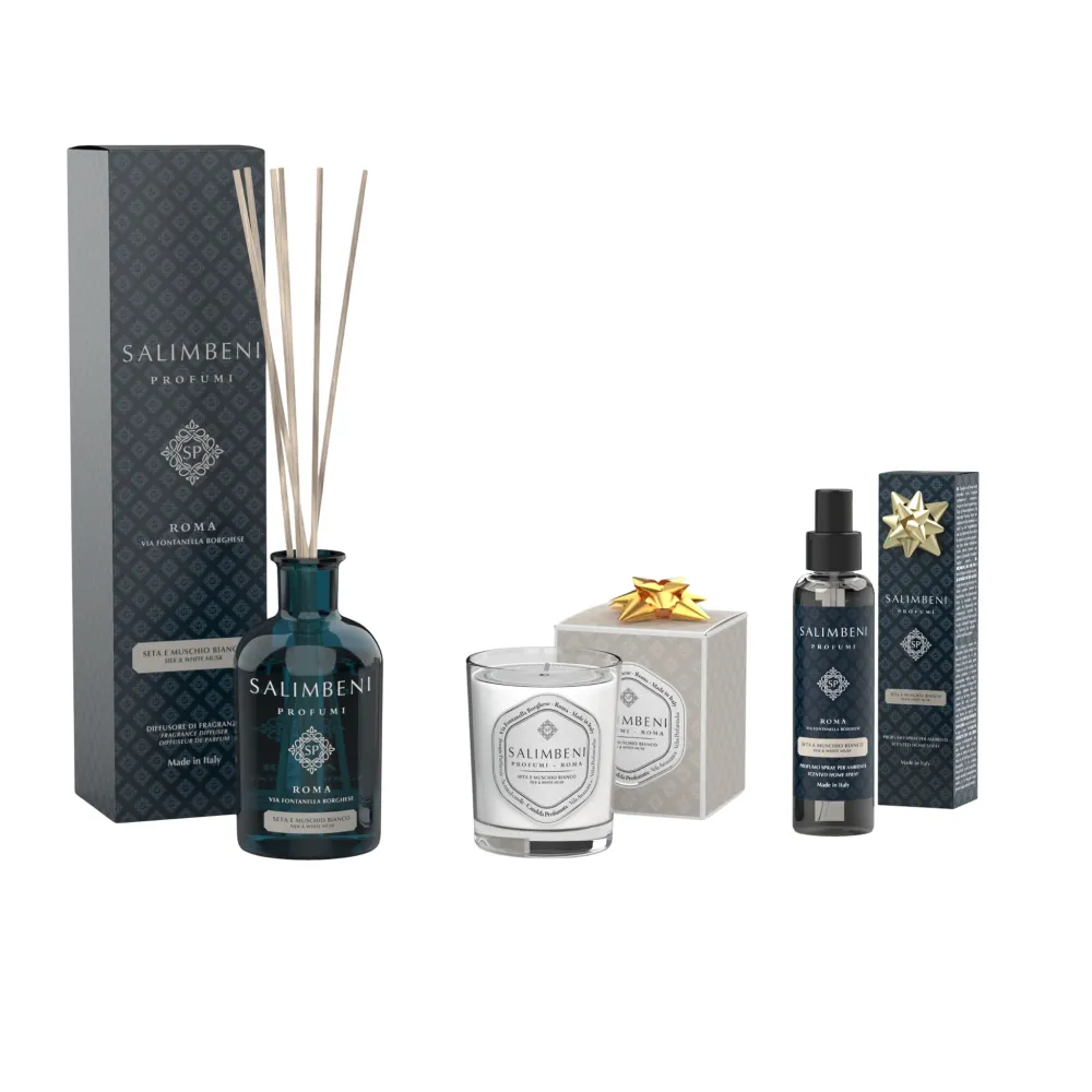 Soie et Musc Blanc 250 ml + Bougie Parfumée Soie et Musc Blanc en ESSAI GRATUIT + Vaporisateur d'Intérieur Soie et Musc Bl...
